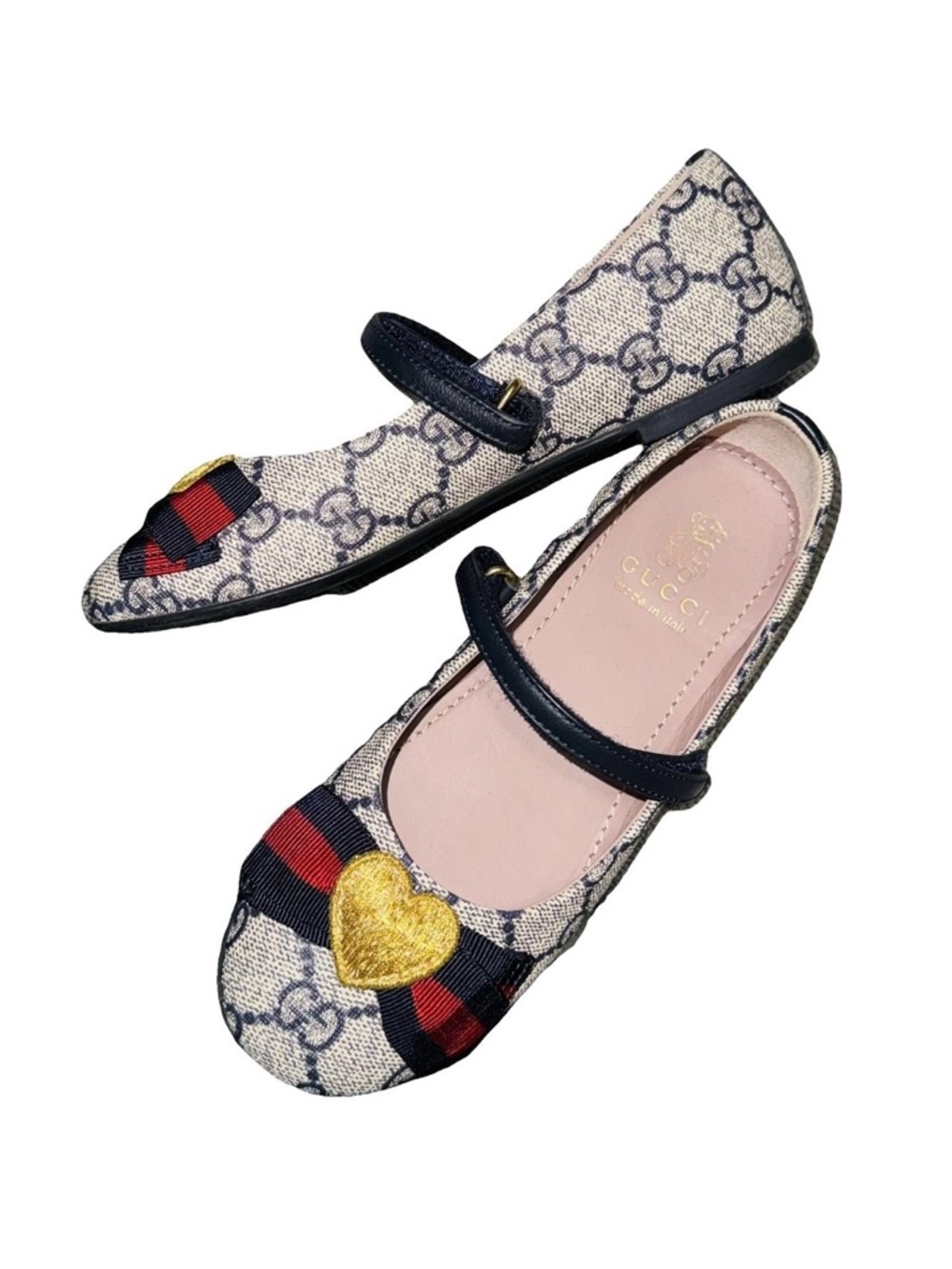 Gucci AUTHENTIC Supreme GG Navy Blue Web Gold Heart Bow Ballet Flats Girls sz 29
